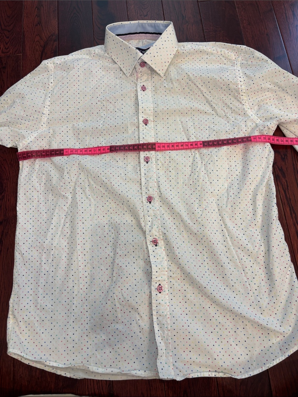 Men's Short-Sleeve White Button-Up Shirt with Multicolor Micro Dots
